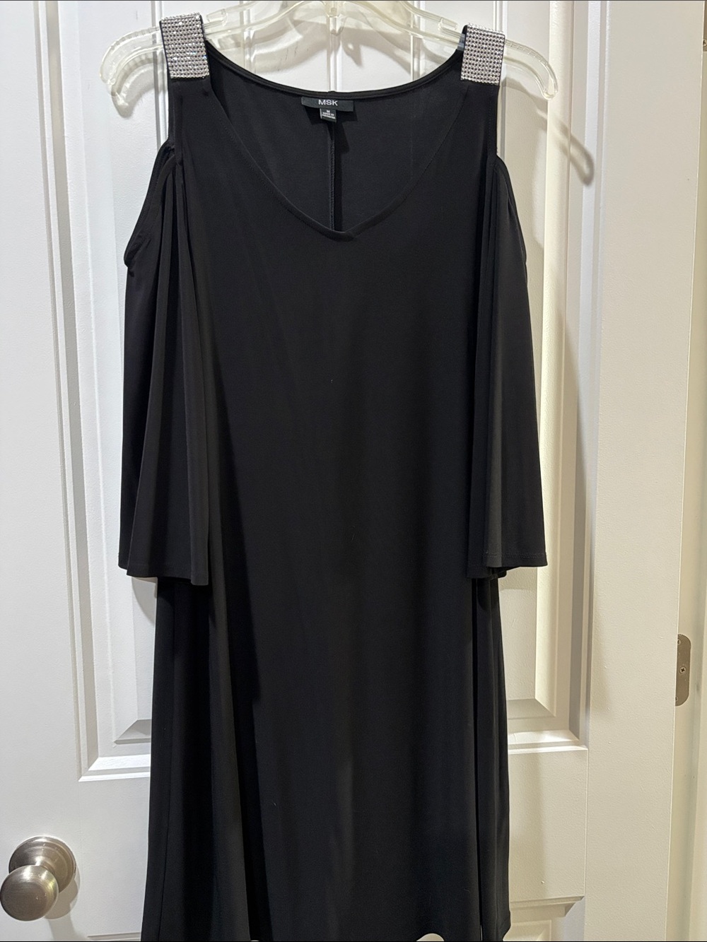 MSK Black Cold-Shoulder Evening Dress with Embellished Straps